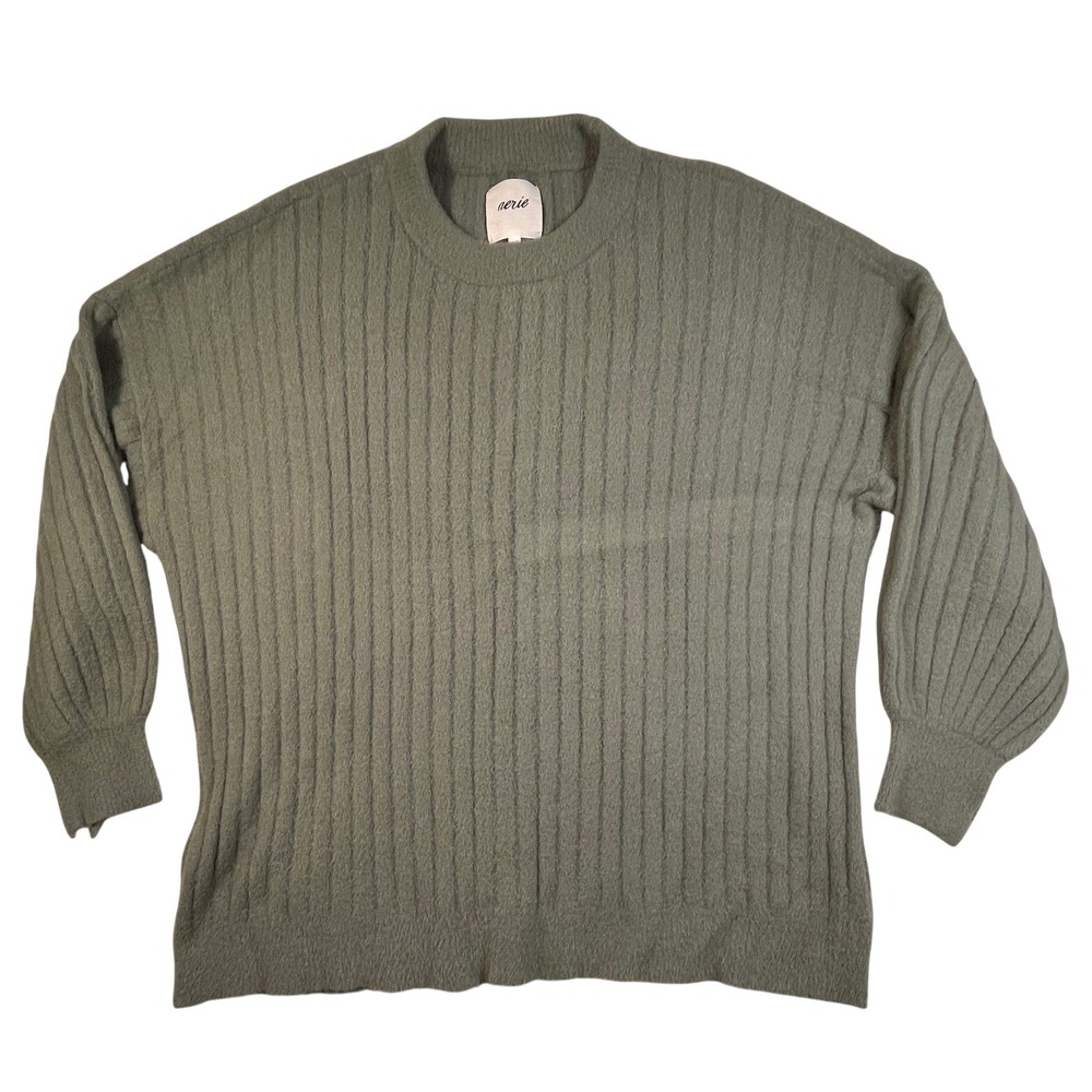 Aerie‎ Green Fuzzy Ribbed Knit Sweater L Cozy Christmas Holiday Winter Pullover